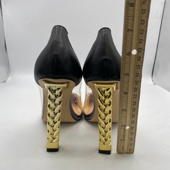 FSJGolden Block High Heels Clear Pumps Pointed Toe Dress Party Evening Shoes - Picture 7 of 11